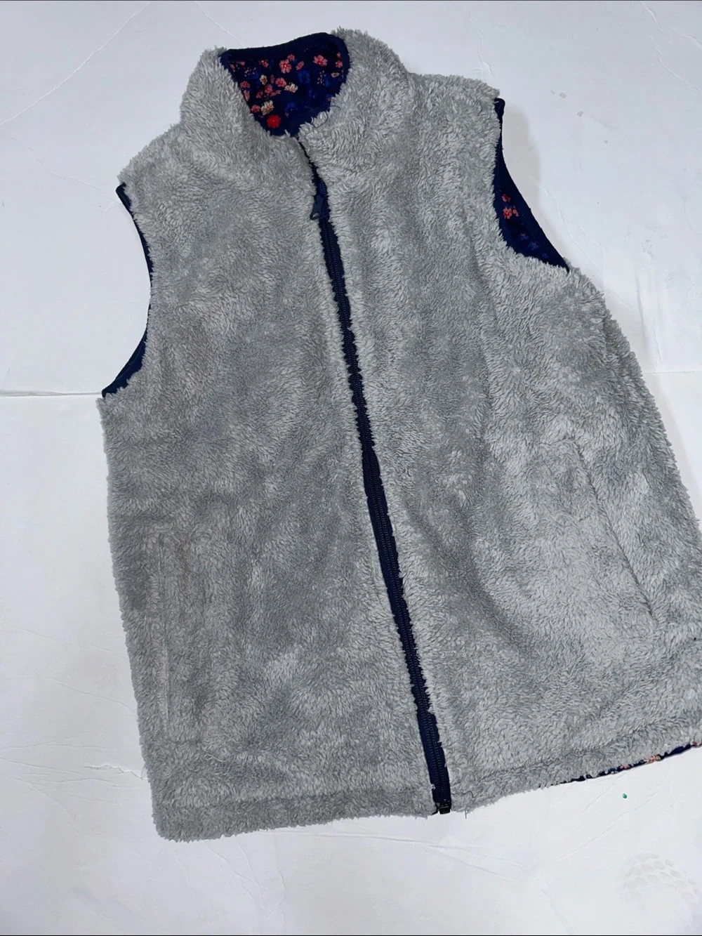 Buffalo David Bitton Kids Grey Plush Reversible Vest with Navy Floral Lining